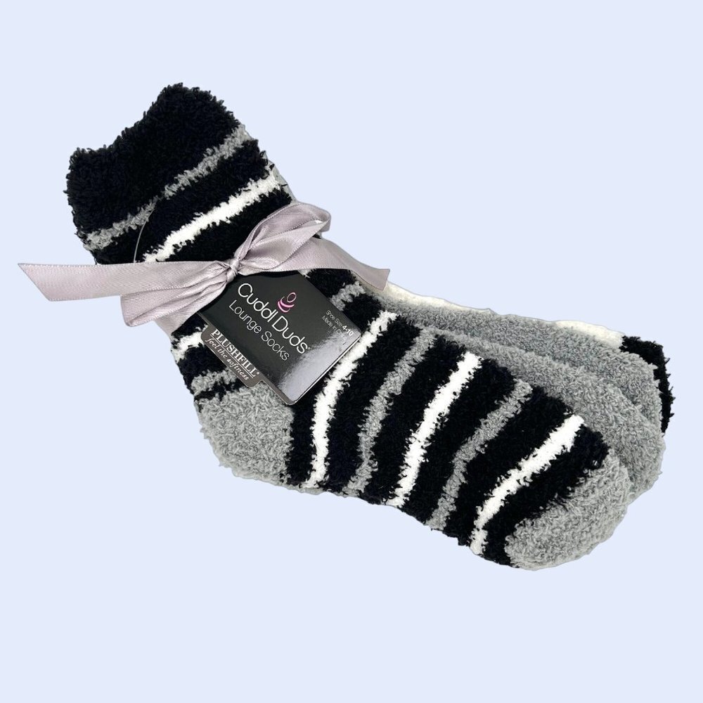 NWT CUDDL DUDS 3 PACK PLUSHFILL LOUNGE SOCKS 4-10 GRAY, BLACK, WHITE